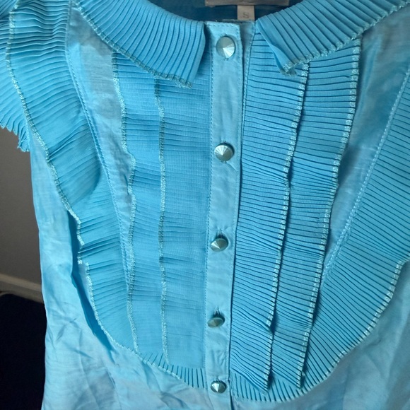 Blue Ruffled Button-Up Blouse - Picture 2 of 7